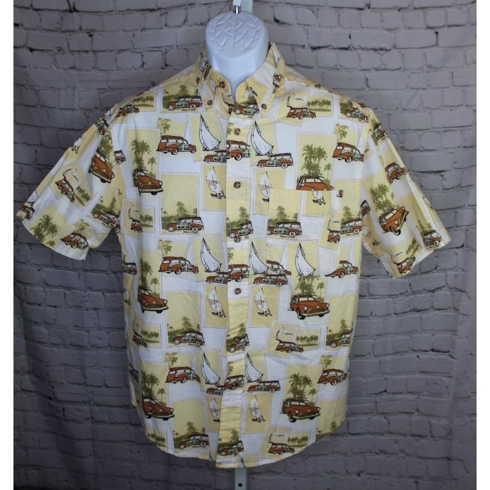 Royal Palm Hawiian Shirt Mens Small Yellow Woody Surf Wagon Aloha Boats Palm EUC